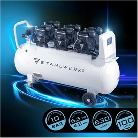 Levegős kompresszor olajmentes, csendes, dupla dugattyús  ST10-10 (10 bar,100 l tank,78 dB, 630l/min) STAHLWERK 1296
