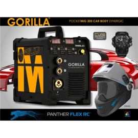 MIG/MAG Heg. gép Iweld GORILLA POCKETMIG 205 CarBody Synergic (Bi:190@60%,D=200mm/5kg)& Panther Flex RC fejpajzs IWELDPROMSET1
