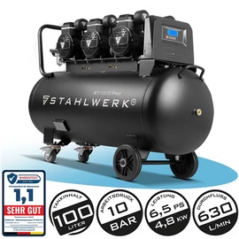 Levegős kompresszor olajmentes, csendes, dupla dugattyús  ST1010 PRO(10 bar,100 l tank,78 dB, 630l/min) STAHLWERK 1296