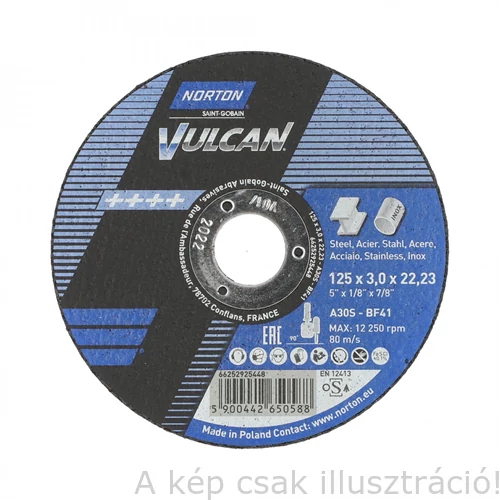 125x3,0mm vágókorong Norton Vulcan kék (A30S-BF41) Acél + Inox 2in1 (25db/csomag) 35010200