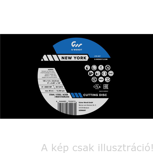 125x1,0mm vágókorong G-Wendt(német gyártó) New York Inox (25db/csomag) W270207 