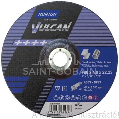 180x4,0x22,2mm Tisztítókorong Norton Vulcan (A30S BF27) acél+ inox, 20 db/cs.  