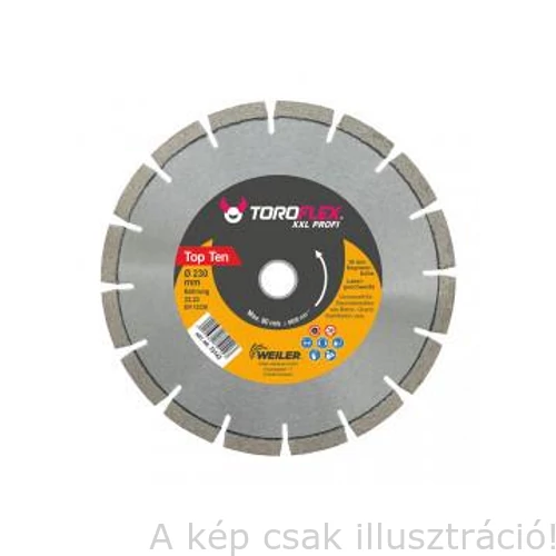Gyémánt vágótárcsa vasalt betonra is 230X22,23mm/SH10 TOROFLEX XXXL PROFI (75142) 10 mm széles gyémánt réteggel WEILER 010301-0038