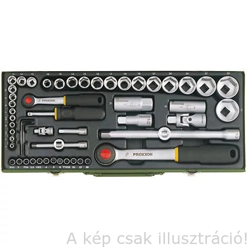 Dugókulcs készlet 56 részes 4-32mm 1/4"+1/2"-os racsnis hajtókarokkal, fém dobozban 23 040