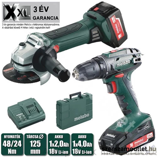 METABO COMBO SET 2.4.3 18V Akkus gépszett, fúrócsavarozó+ sarokcsiszoló (1x4,0Ah/1x2,0Ah/18V 24/48Nm,1-10mm tokm., hordtáska, 3 év gar.