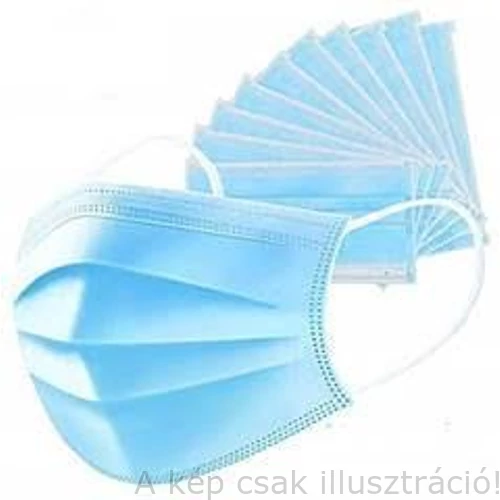 Légszűrő maszk gumi fülpánttal, 3 rétegű 175x95mm kék 50 db/csomag (48 csomag=1 karton) 