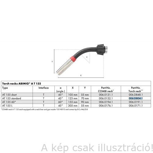 MIG/MAG pisztolynyak ABIMIG AT 155 T T45G X125 Y70  Binzel  006.D804.1