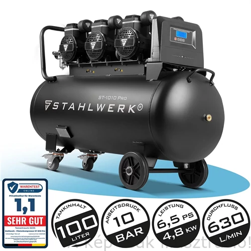 Levegős kompresszor olajmentes, csendes, dupla dugattyús  ST1010 PRO(10 bar,100 l tank,78 dB, 630l/min) STAHLWERK 1296